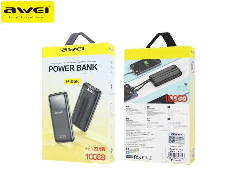 Powerbank - P106K - 10.000mah - 22.5W - AWEI - 007313 - Black - Image 3