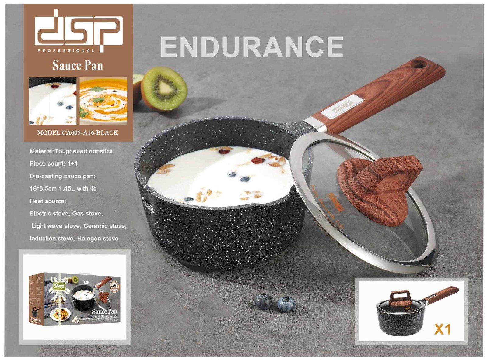 Γαλατιέρα αντικολλητική με καπάκι - 1.45L - CA005-A16-Black - DSP - 612432 - Image 3