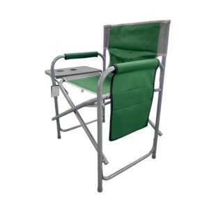 Πτυσσόμενη καρέκλα camping με ενσωματωμένο τραπεζάκι σε πράσινο χρώμα.