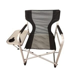 Πτυσσόμενη καρέκλα camping με τραπεζάκι και ποτηροθήκη σε γκρι χρώμα.