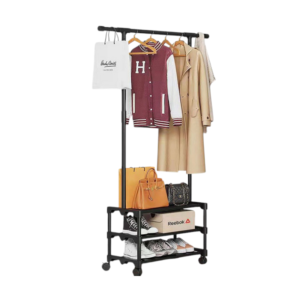 Τροχήλατη κρεμάστρα δαπέδου με 3 ράφια για ρούχα και παπούτσια.