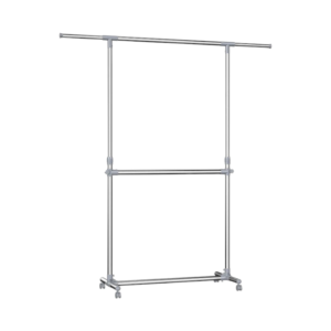 Τροχήλατη κρεμάστρα δαπέδου 0301H σε λειτουργία με ρούχα.