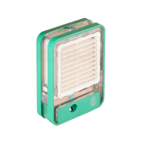 Φορητός επαναφορτιζόμενος mini ανεμιστήρας και υγραντήρας σε πράσινο χρώμα.